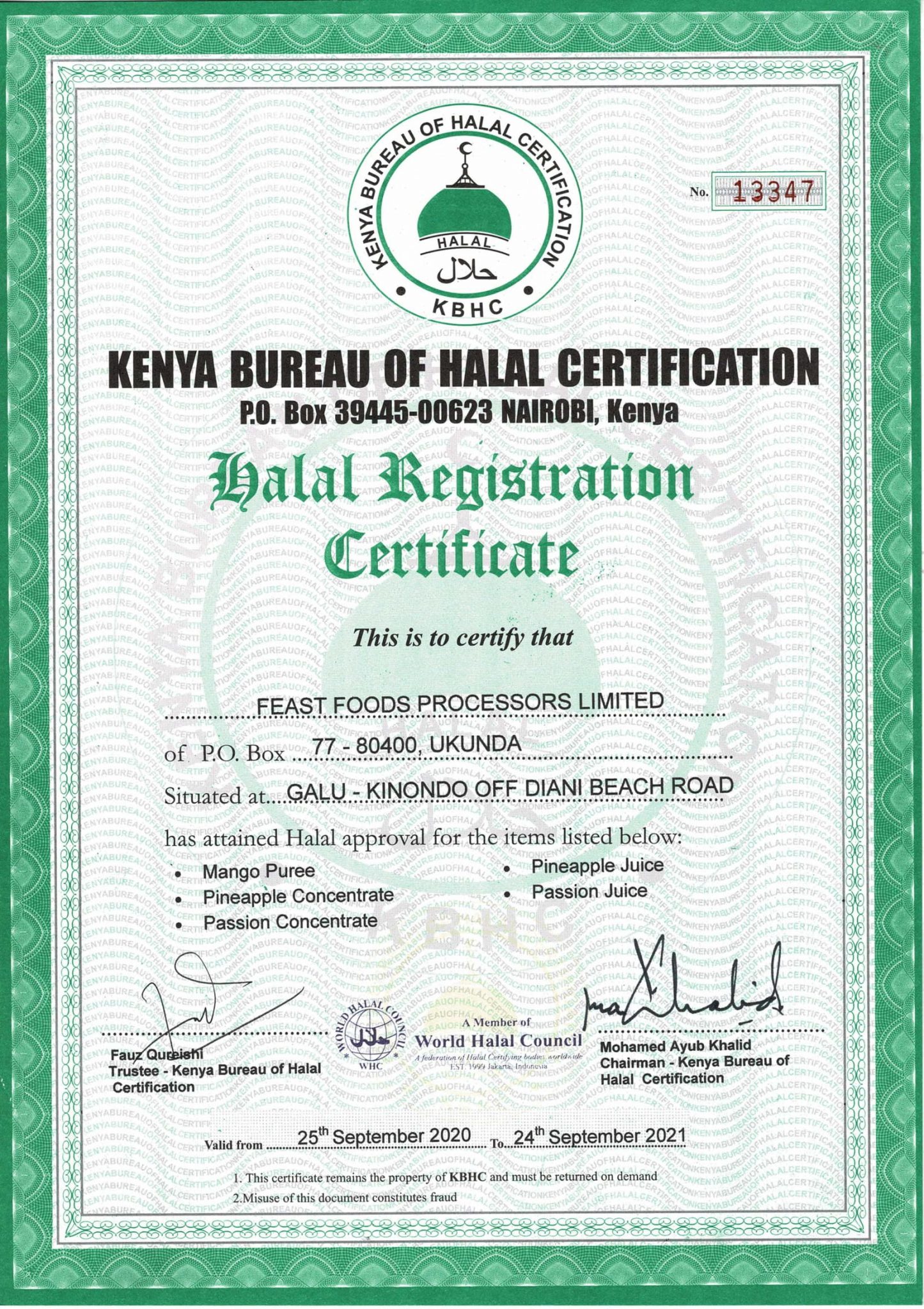 Certifications Feast Foods Processors Limited